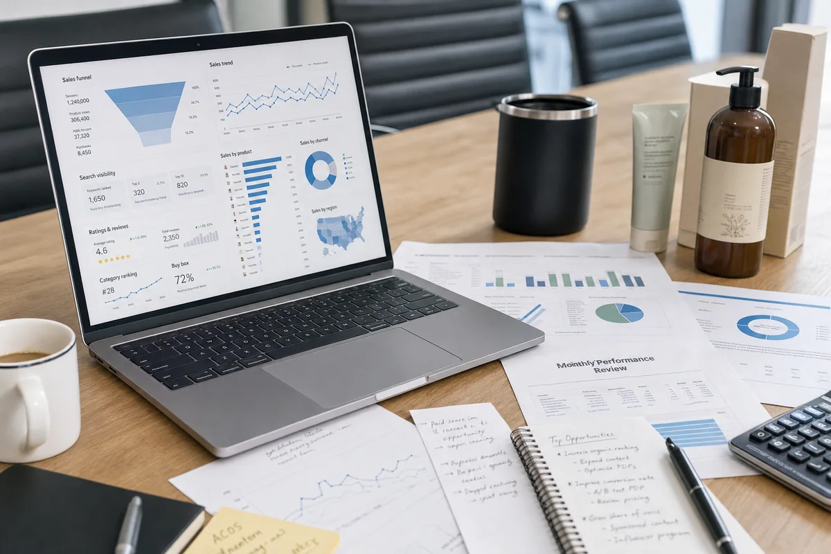 Photographic scene of ecommerce brand analytics review with charts, laptop dashboard, calculator, and product samples