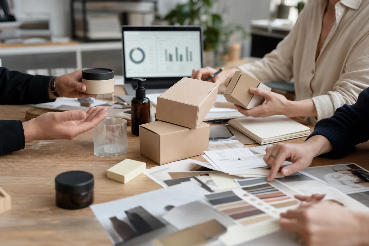 Photographic scene of a team reviewing product samples, packaging concepts, and Amazon marketplace analytics during a brand workshop