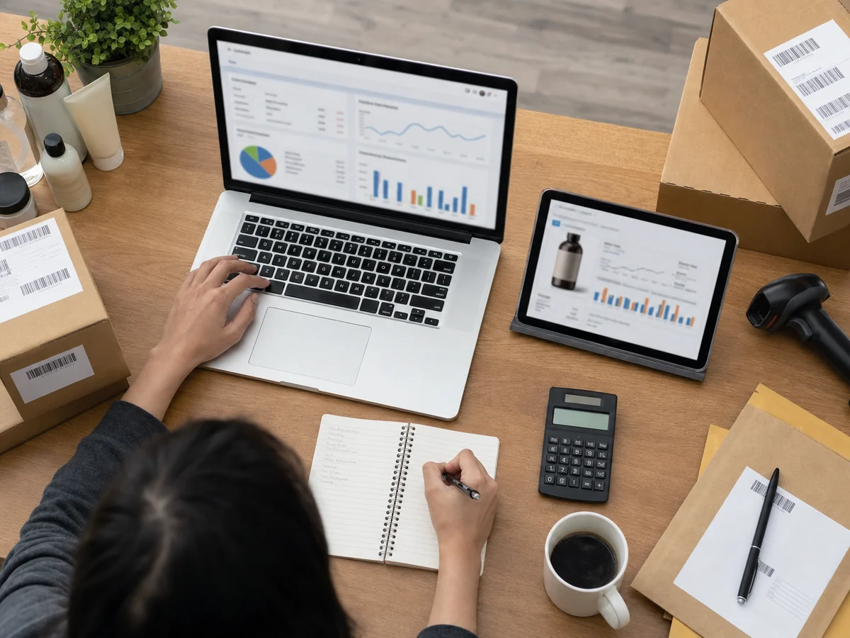 Amazon FBA agency strategy desk with marketplace analytics, product samples, and shipping boxes