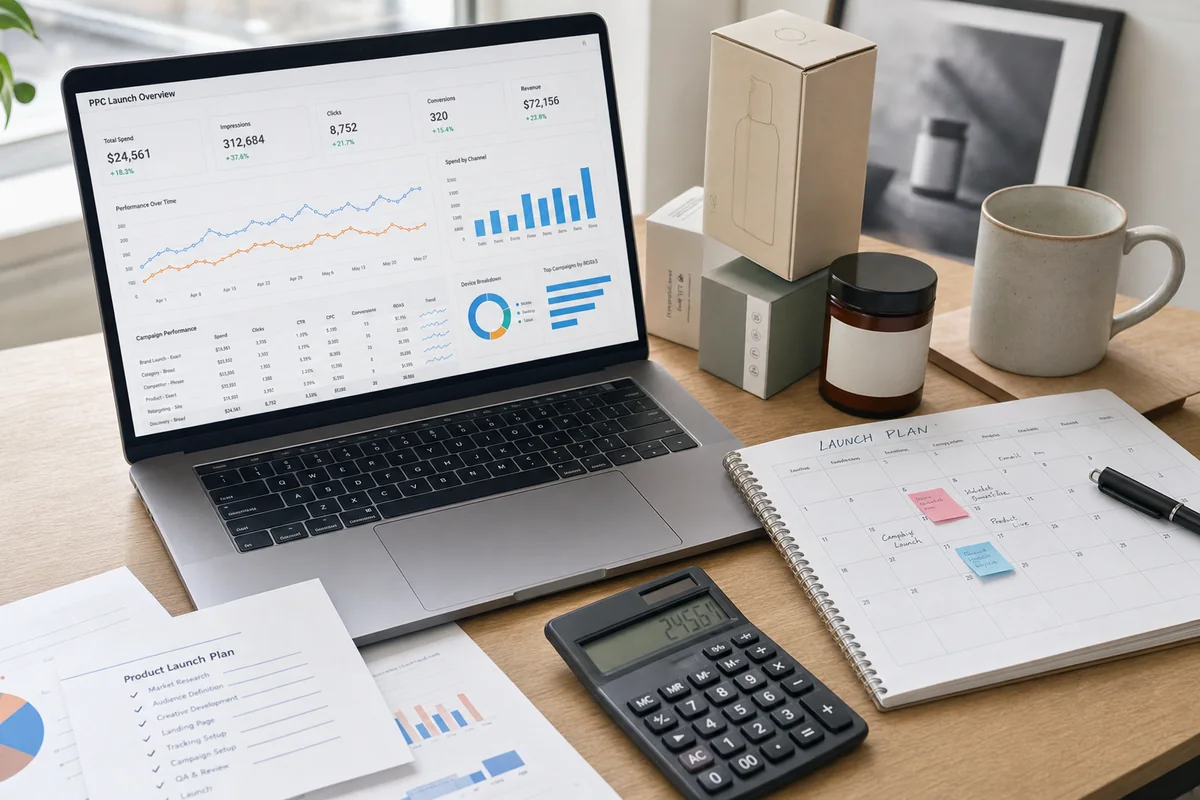 Photographic view of an ecommerce launch dashboard with PPC metrics, product packaging, and team notes on a desk