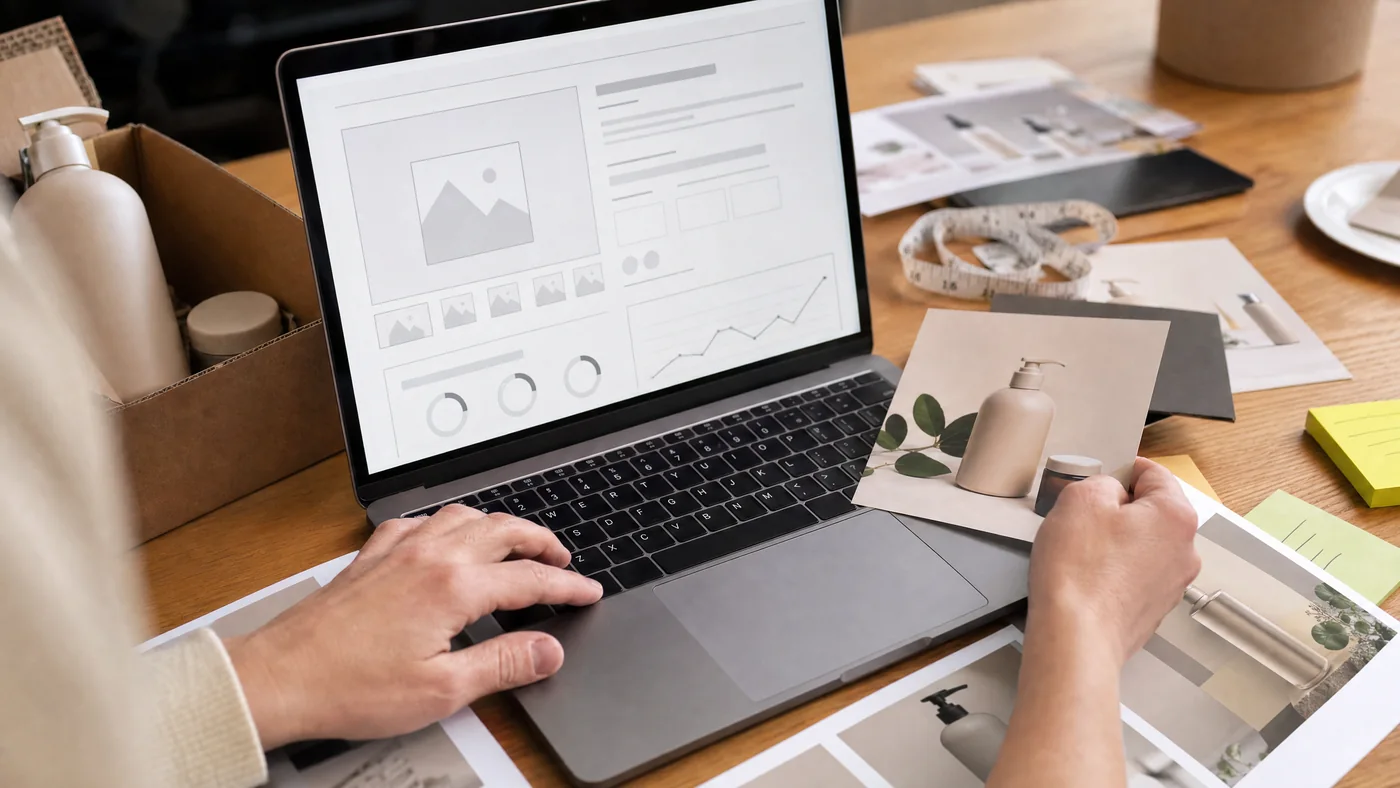 Realistic laptop screen showing ecommerce listing creative review with printed product photos and packaging beside it