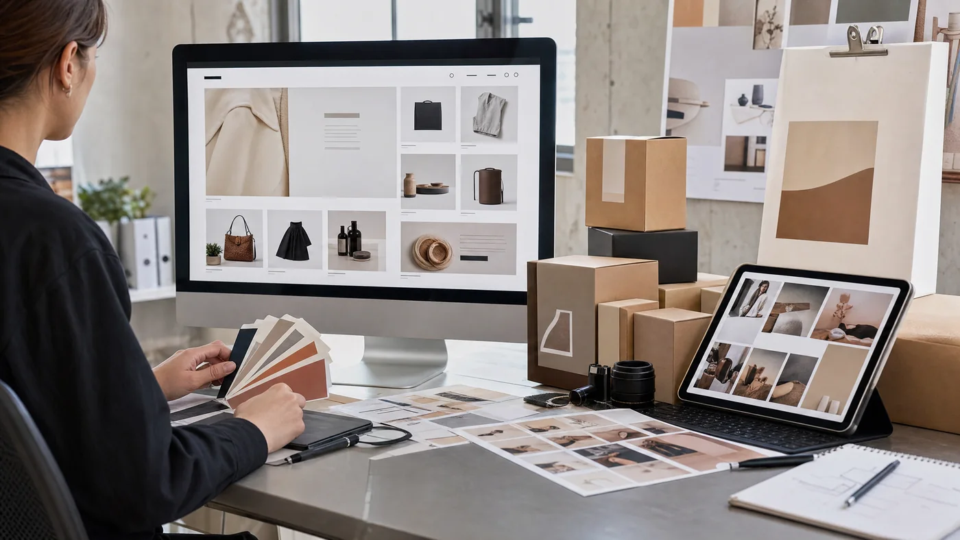 Realistic desktop workspace showing an Amazon storefront design, brand color palette, product packaging, and photography contact sheet