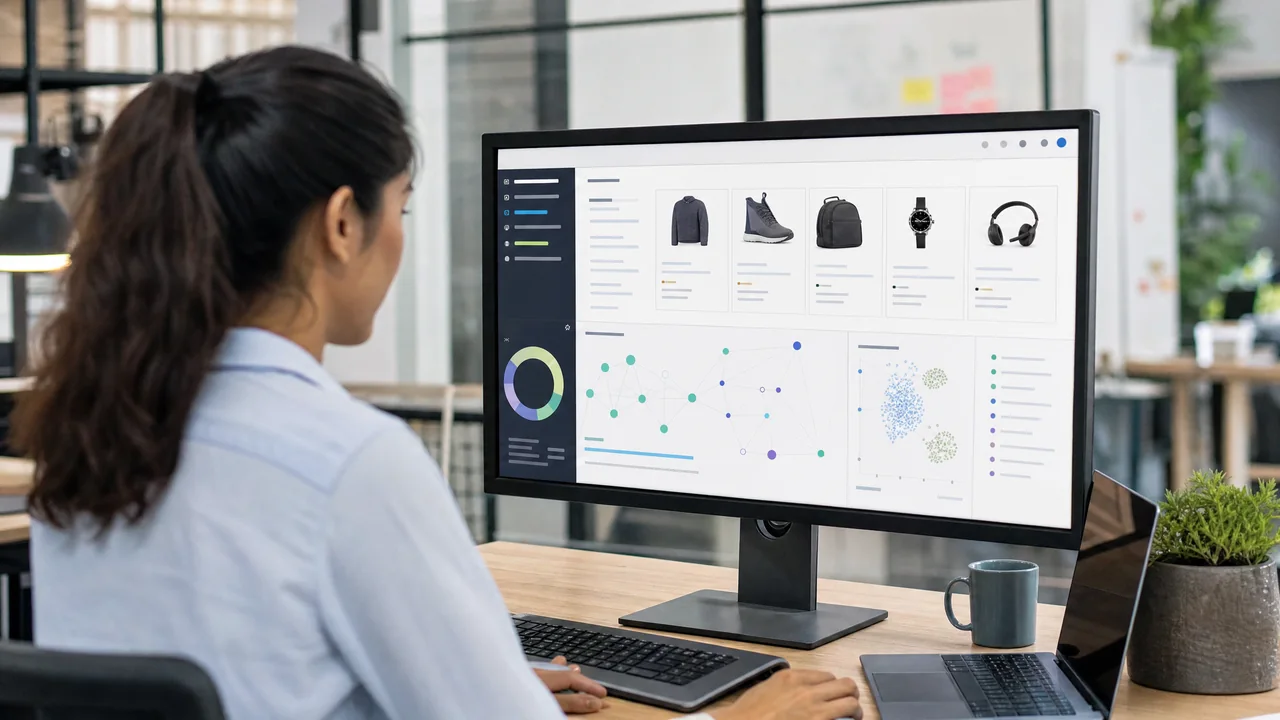 Ecommerce strategist reviewing AI-powered product search analytics on a professional workstation