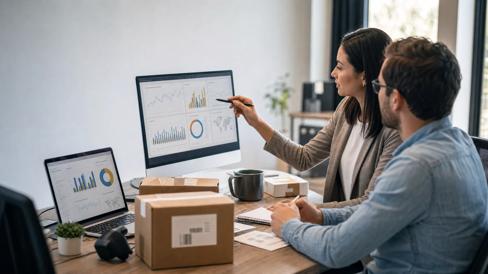Amazon FBA agency team reviewing marketplace performance dashboards and shipping data