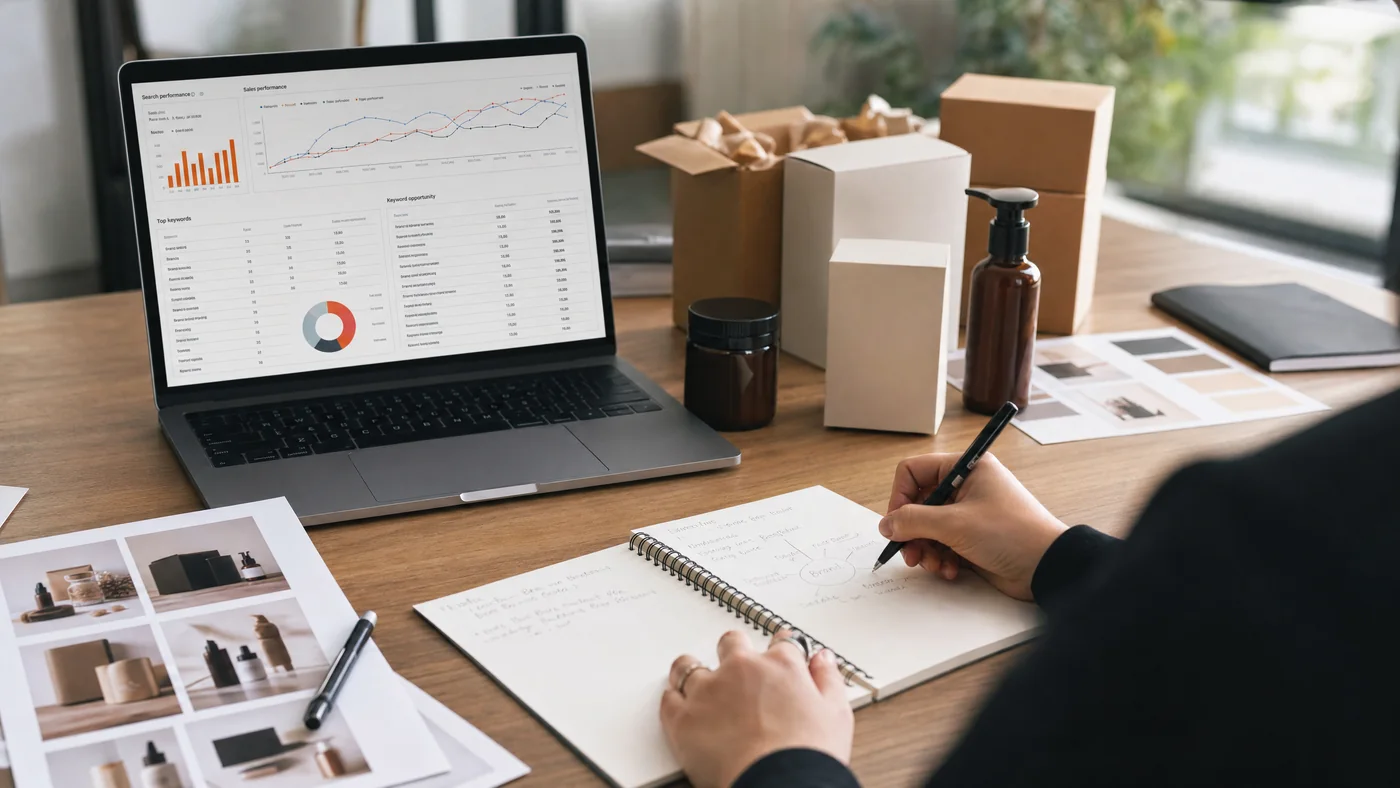 Realistic workspace showing an Amazon brand strategy plan, packaging samples, laptop analytics, and product photography setup